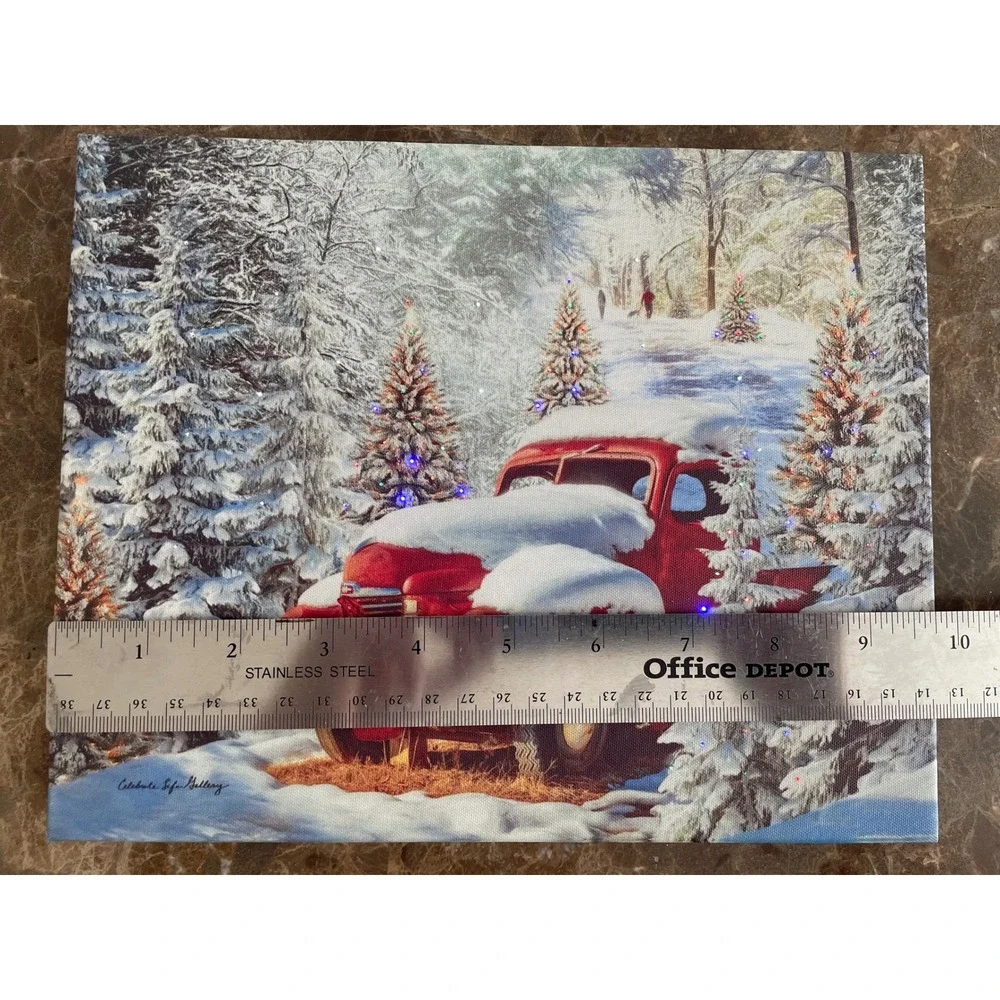 2 Celebrate Life Gallery LED Lighted Canvas Print Red Truck Snowy Forest Holiday
